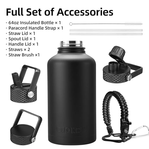 BJPKPK Half Gallon Insulated Water Bottles with Straw Lid, 64oz Large Water Jug, Stainless Steel Bottles with 3 Lids and Paracord Handle, Thermo for Hot & Cold Liquid, Black - Image 4