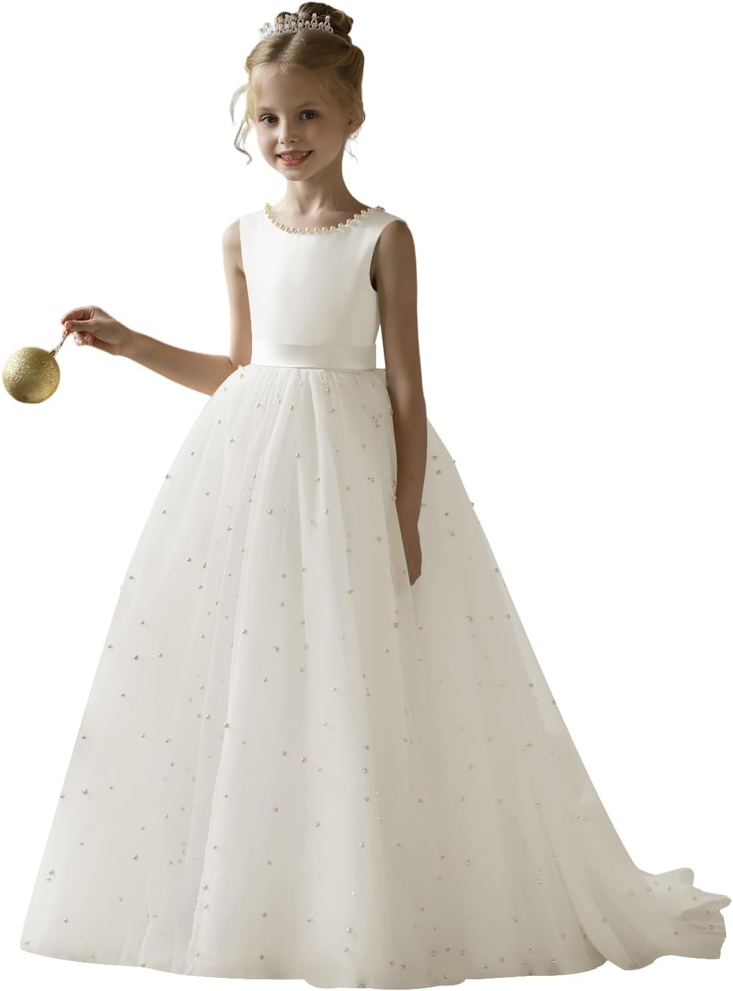 Flower Girl Dress for Wedding Puffy Tulle Satin Princess Gowns with Pearls Bow Knot 2-14