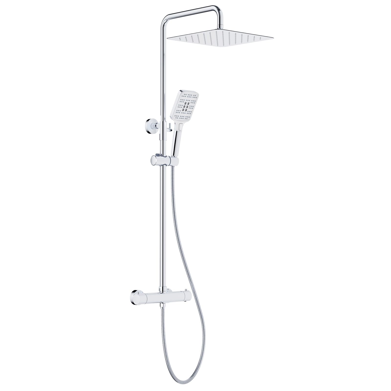 Rainsworth Thermostatic Shower Column, Stainless Steel Shower Head 30 x 30 cm, 3 Jet Shower Head, Height Adjustable Rain Shower, Shower Set with Mixer Tap, Chrome