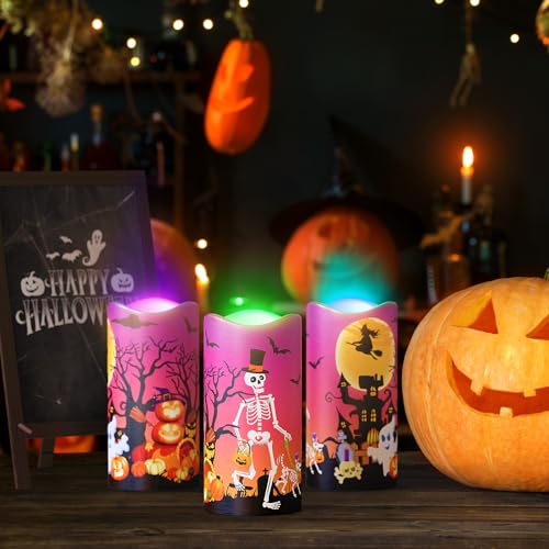 Image of Halloween Candles with 12 LED Light Colors, Battery Operated Flameless Candles, Halloween Decorative Candles with Remote Control Colors and Timer, 3 x 6 Inch, Set of 3