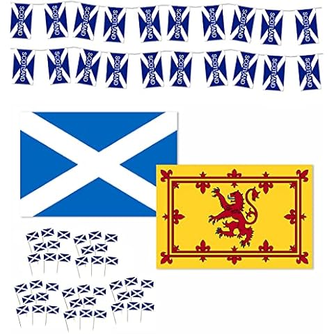 Scotland/Scottish/Burns Night Party Set: 12m of Flag Bunting + 5ft x 3ft St Andrews & Rampant Lion Flags + 100 Cocktail Sticks Cover