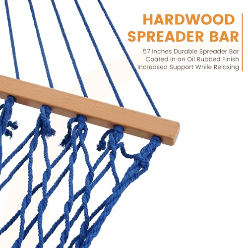 Image of Lazy Daze Hammocks 12FT Double Rope Hammocks, 2 Person Hand Woven Cotton Hammock with Spreader Bar for Outside, Patio, Poolside, FIT 13-15 FT Stand, Max 450 Lbs, Blue, 141 x 57 inches
