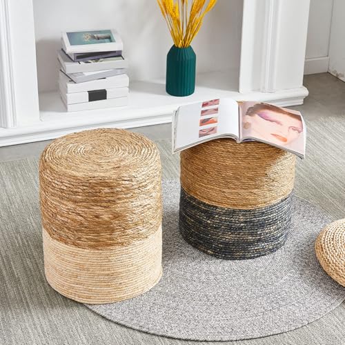 Wimarsbon Ottoman Poufs, 100% Natural Seagrass Pouffe, Hand Weave Round Footstool with Wood Frame, Sitting Braided Footrest, Home Boho Decorative Seat, Accent Chair for Living Room, Bedroom - Image 9