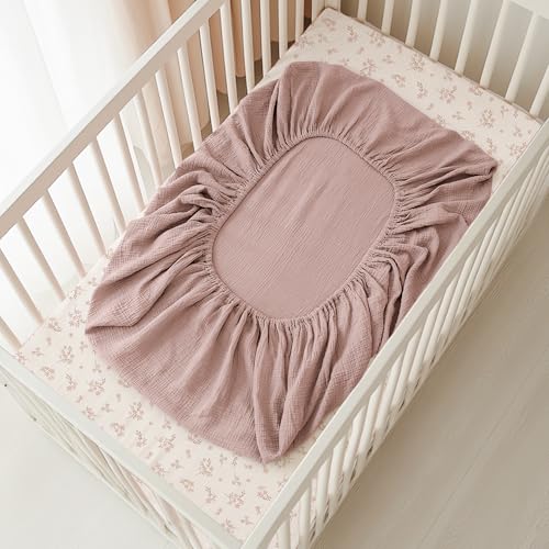 Image of Konssy Muslin Crib Sheets for Boys, Soft Cotton Neutral Baby Sheets for Standard Crib Mattress 2 Pack, 52 inchx28 inch (Soft Blooms,Taupe)