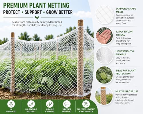 Image of 12 Ply Plant Netting 50 mm Mesh - Heavy Duty Garden Support Net, UV Resistant Trellis Net for Vegetables, Climbing Plants & Creepers (White, 20X200FT)