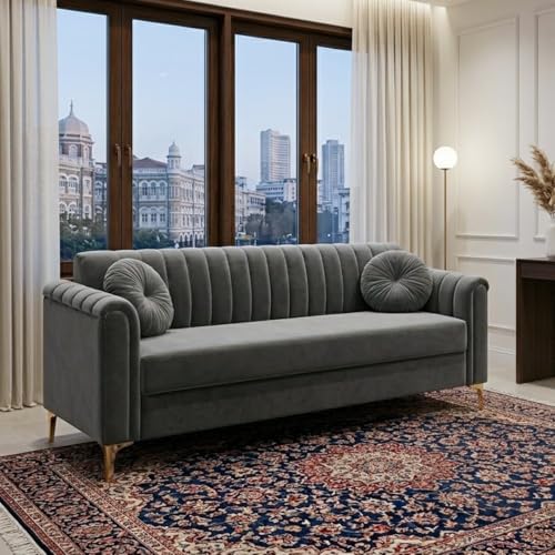 Image of FURNY Dorino 3 Seater Fabric Sofa Set (Dark Grey) Premium Velvet Finish Durable & Comfortable Ideal for Living Room