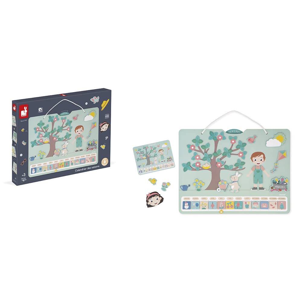 Janod - Calendario delle Stagioni - Calendario Educativo in Legno per Bambini 42 x 32 cm - Magnetico - 125 Magneti - Imparare Tempo e Stagioni - Versione Francese - dai 3 Anni, J547