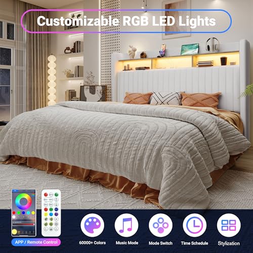 Image of Allewie King Size Lift Up Storage LED Bed Frame, Charging Station, White