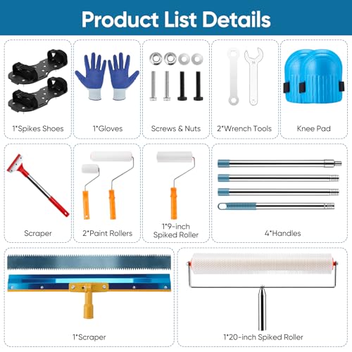 Bodenbeschichtung Set, Selbstnivellierende Ausgleichsmasse Werkzeuge mit Stachelwalzen 48+23 cm, Rakel, Nagelschuhen & Teleskopstiel für Epoxidharz und Bodenversiegelung