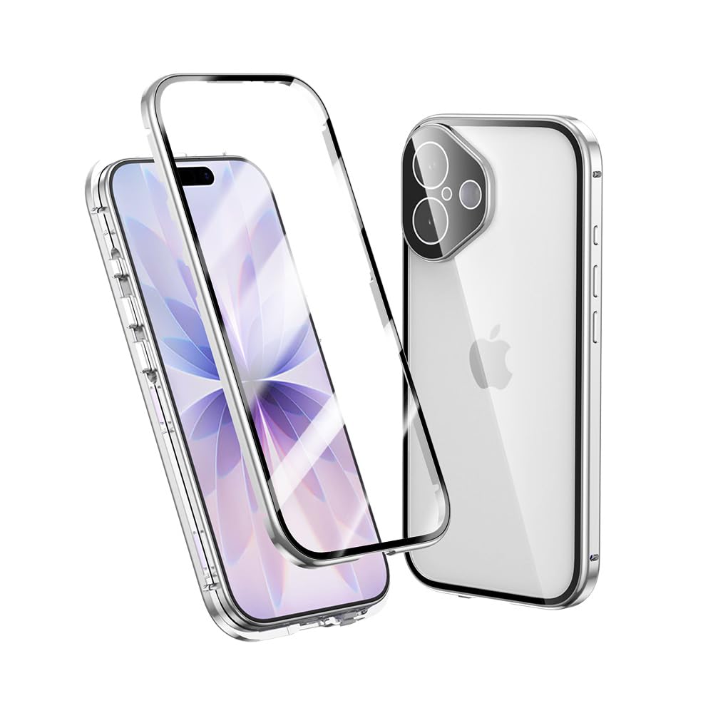 ロック付き iPhone17 用 ケース クリア 全面カバー フルカバー カメラ保護 ロック式 アルミバンパー マグネット式 アイフォン 17 ガラスケース 両面 透明 全面保護,シルバー