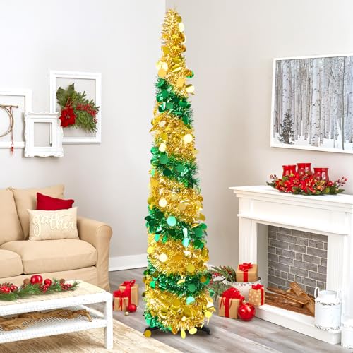 Valentines Day Decoration Gifts for Mom Christmas Tree, 5Ft Artificial Christmas Tree Decorations Pencil Xmas Tree for Home Party Office Fireplace Holiday Decorations (Golden-Green)