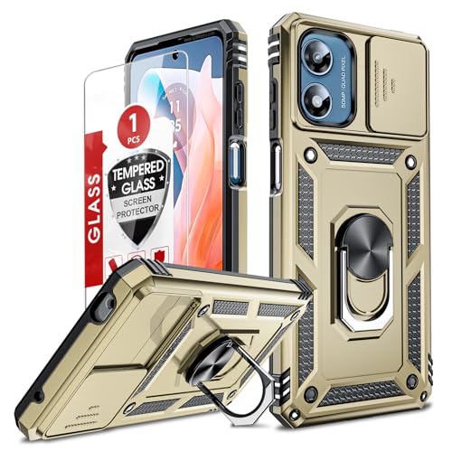 LeYi for Motorola Moto G Play Case 2024, G Play 2024 Case with Slide Camera Cover and Screen Protector, [Military-Grade] Android Cellphone Case Cover with Magnetic Ring Kickstand MotoG Play 2024, Gold