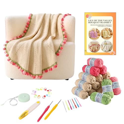 HZYZW Crochet Flower Blanket Kit for Beginners, 40'' Lily of The Valley Bouquet, Blanket Shawl Throw Kits for Adults, How to Knitting with Yarn, Home Decor Gifts for Crocheters (Grey-Pink Lily)