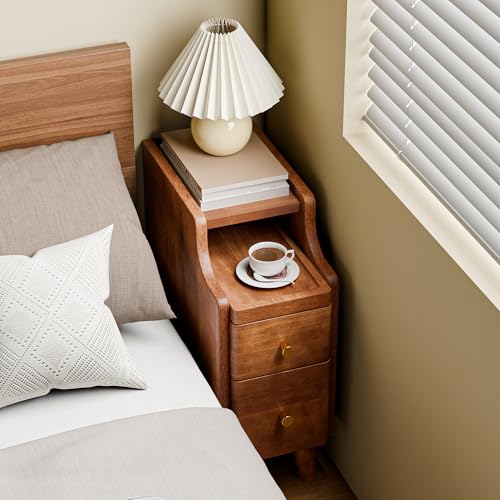 Image of Nightstand, Pre-Assembled, 19.7 inchH Solid Wood Night Stand with 2 Drawers, Open Sliding Shelf, Mid Century Modern Small Bedside Table for Bedroom, Walnut 8 inch
