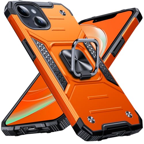 Image of Anqrp Heavy Duty Case for iPhone 13 Mini Case with Enhanced Ring Holder Grip Stand, Military Grade Shockproof Rugged Drop Protective Silicone Hard Slim iPhone 13 Mini Phone Case Cover,Orange