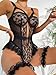 Women's Lace Lingerie Sets with Garter Belt Bodysuit with Thigh Cuffs 3 Piece Strappy Teddy Babydoll Nightwear Black