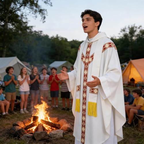 Disfraz de sacerdote para hombre con casulla eclesiástica blanca para recreaciones 6