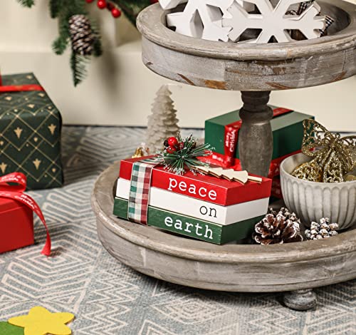 Christmas Wood Book Stack, Christmas Tiered Tray Decor, Peace On Earth Mini Faux Decorative Books With Pine Berry, Farmhouse Book Decor For Home Table Mantle Shelf #TOP6