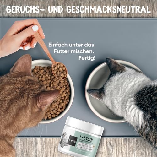 animigo L-Lysin für Katzen - 250g Pulver - Essenzielle Aminosäure L Lysin - Inklusive Messlöffel - Frei von Gluten & Laktose - Für jeden Alters - Ergänzungsfuttermittel für Katzen