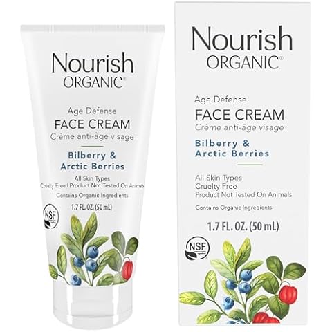 Nourish Organic Face Cream, Bilberry & Arctic Berries – Age Defense Formula with Aloe Vera & Borage Oil, 1.7 Oz + Washable Cotton Round Cover
