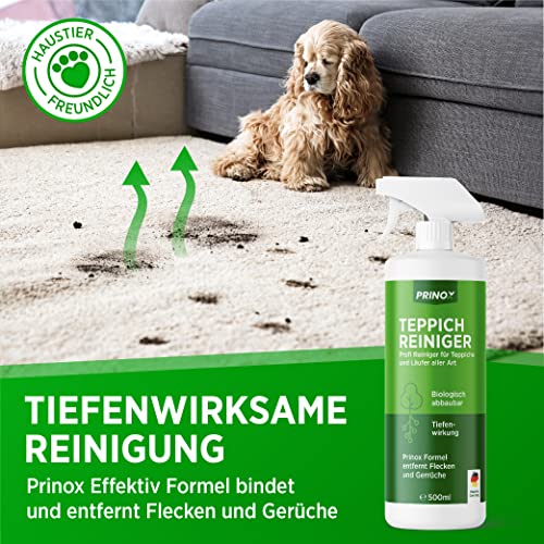 PRINOX Profi Teppichreiniger 580ml - Teppichboden Reiniger inkl. Teppich Bürste, schäumend für alle Teppiche - Teppich Reinigungsmittel & Fleckenentferner aus Deutschland