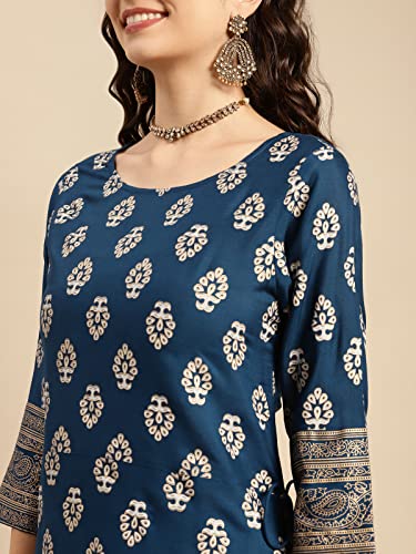 Image of rangita Navy Rayon Printed A-line Kurta with Palazzo | Kurta Set for Women