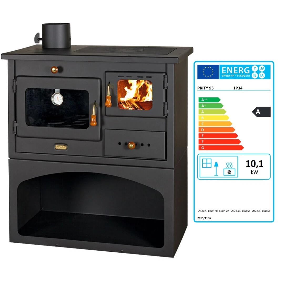 Prity 1P34 Holzofen mit Backofen, linksöffnend, Türscharnier links, Gusseisen-Oberseite, CE-zertifiziert, Festbrennstoffkocher
