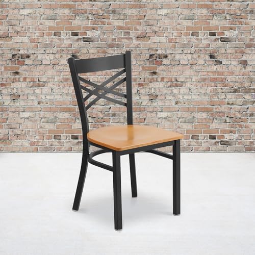 Image of Flash Furniture 2 Pack HERCULES Series Black ''X'' Back Metal Restaurant Chair - Natural Wood Seat