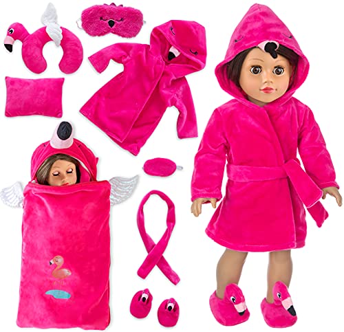 ZITA ELEMENT American 18 inch Girl Doll Sleeping Clothes and Sleeping Bag Set -Flamingo Nightgown with Matching Sleeping Masks and Pillow -American 18 Inch Girl Dolls Accessories for Kids Best Gifts