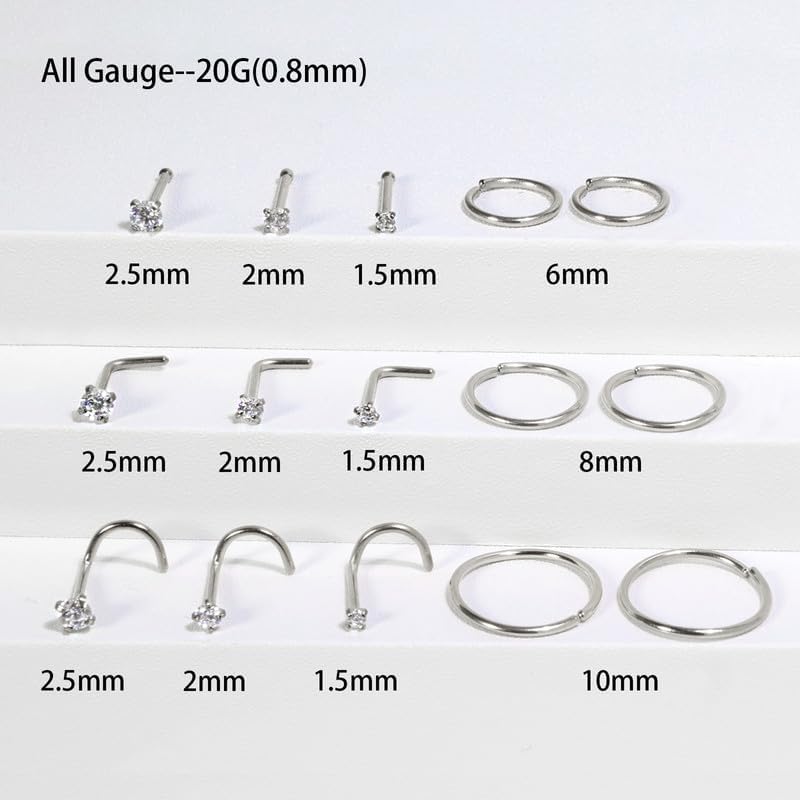 WillTen 30 stuks rechte neusstekers zilver, 20G neusring stud rechte of L-vormige chirurgische roestvrij staal kleine neus studs pin, kleine neuspiercing sieraden zilveren botschroeven neusstuds voor WillTen 30 stuks rechte neusstekers zilver, 20G neusring stud rechte of L-vormige chirurgische roestvrij staal kleine neus studs pin, kleine neuspiercing sieraden zilveren botschroeven neusstuds voor