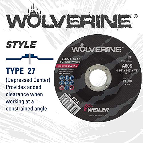 Image of Weiler 56385 4-1 /2 Inch Cutting Wheel, Wolverine AO Steel /Metal Fast Cutting, 3 /32 inch A24T Type 27 5 /8 inch-11 Hub, Pack of 10