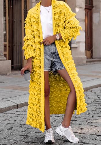 SHINFY Women's Open Front Cardigan Sweaters 2023 Fall Tassel Fringe Cable Knit Crochet Maxi Long Duster Cardigans Outerwear3