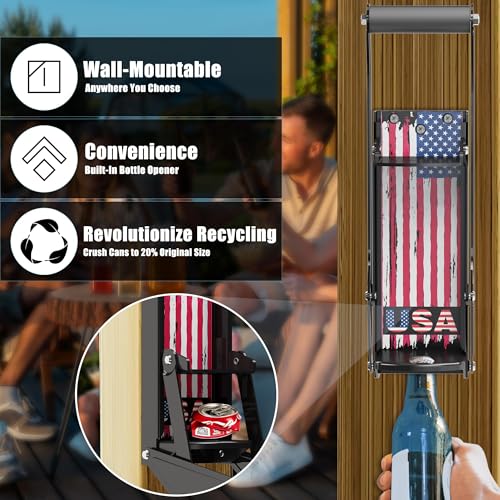 KANBOL Manual Can Crusher, Wall Mounted Can Crusher for 12 oz & 16 oz Aluminum Cans, Heavy Duty Metal Can Smasher for Recycling, US Flag Sticker Design-BLACK