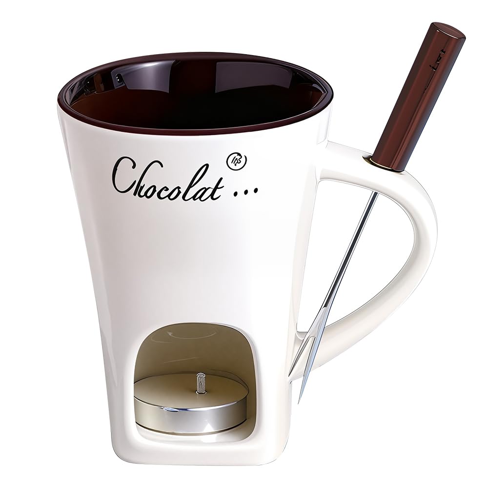 SGZIOO Chocolate Fondue Mug, Fondue Mug with Fork, Sweet Fondue Cup, Ceramic Butter Warmer Set, No Candle, for Cheese Chocolate Butter Caramel (Off White)