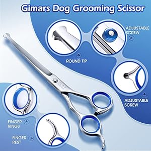 Gimars Professional 5 in 1 Grooming Scissors for Dogs 4CR with Safety Round Tip, Heavy Duty Titanium Coated Straight & Thinning & Curved Shears
