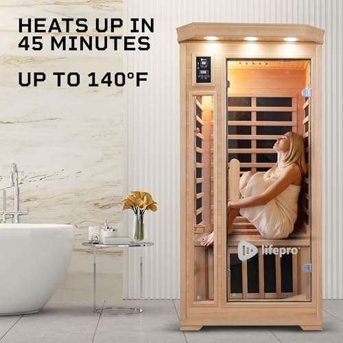 LifePro 1 Person Far Infrared Sauna for Home - Home Sauna, Tempered Glass Door, Oxygen Ionizer, & 7 Chromotherapy Lights for Indoor Sauna - Canadian Hemlock Wood Dry Sauna with Bluetooth Sound System - Image 5