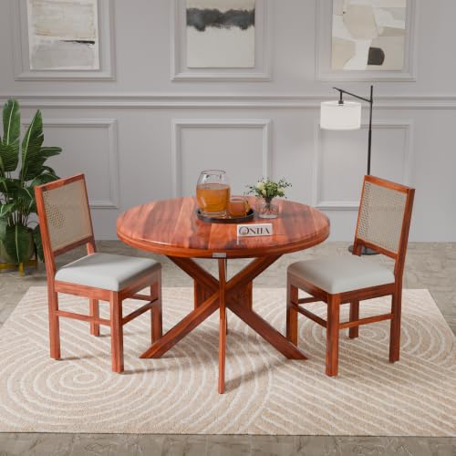 Image of ONIJA Solid Sheesham Wood 2 Seater Rattan Cane Dining Table Set with Cushioned Chairs for Dining Room | Living Room | Home & Office | Hotels Restaurant & Cafe (2 Seater, Honey Finish)