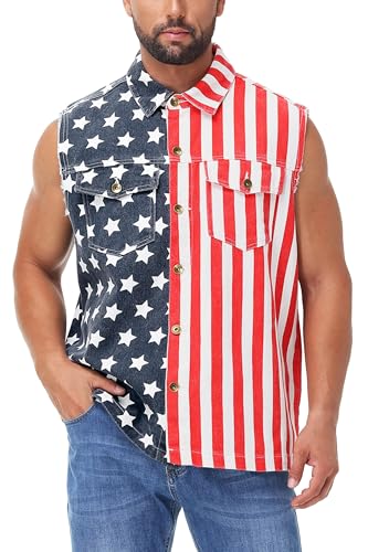 Image of AOBUTE Mens 4th of July Denim Vest American Flag Print Sleeveless Jean Jacket
