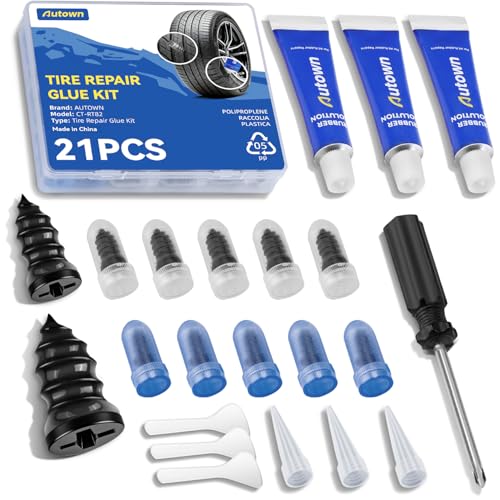 AUTOWN 21PCS Tire Repair Rubber Nail Kit - Complete Screw Plug Kit with Glue Fast Fix for Flat Tires on Car Truck Motorcycle SUV & More