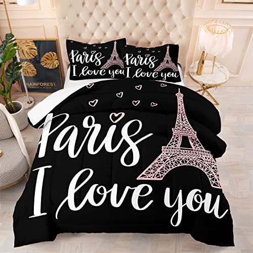 NINENINE Paris Tower Comforter Bedding Set Twin Size,3D Pink Paris Tower and Heart with Notes â€˜Paris I Love You â€™ Theme Bedding Set,Soft Microfiber Reversible Quilt with Matching Pillowcase#5015