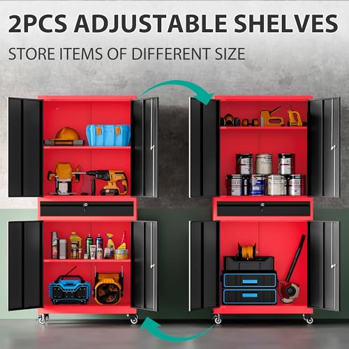 Image of SISESOL Metal Storage Cabinet with Wheels and Drawer,Rolling Garage Storage Cabinet with Lock,Black Red Metal Cabinets with Wheel,73 inch Mobile Tall Tool Cabinets on Wheel for Home,Office,Garage,Shop