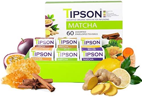 Tipson Organic Matcha Tea - 6 Assorted Flavors - 60 Foil Enveloped Double Chambered Bags - NonGMO - Gluten Free