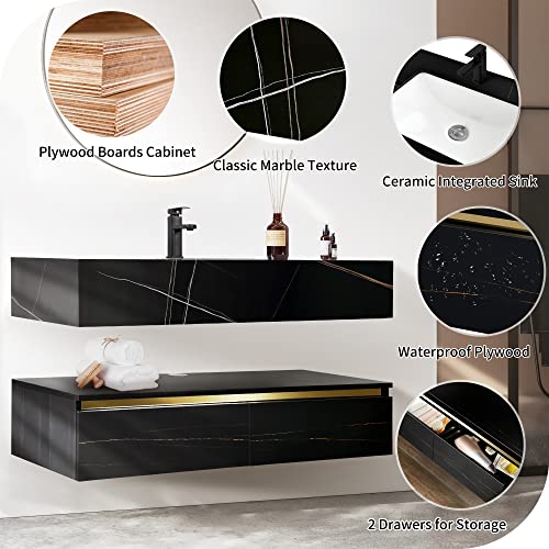 Hernest 48 Inch Floating Vanity Bathroom, 2-Pcs/Set Wall Mounted Bathroom Vanity With Ceramic Basin Sink And 2 Wooden Drawers, Black Wooden Bathroom Cabinet For Washroom #TOP4