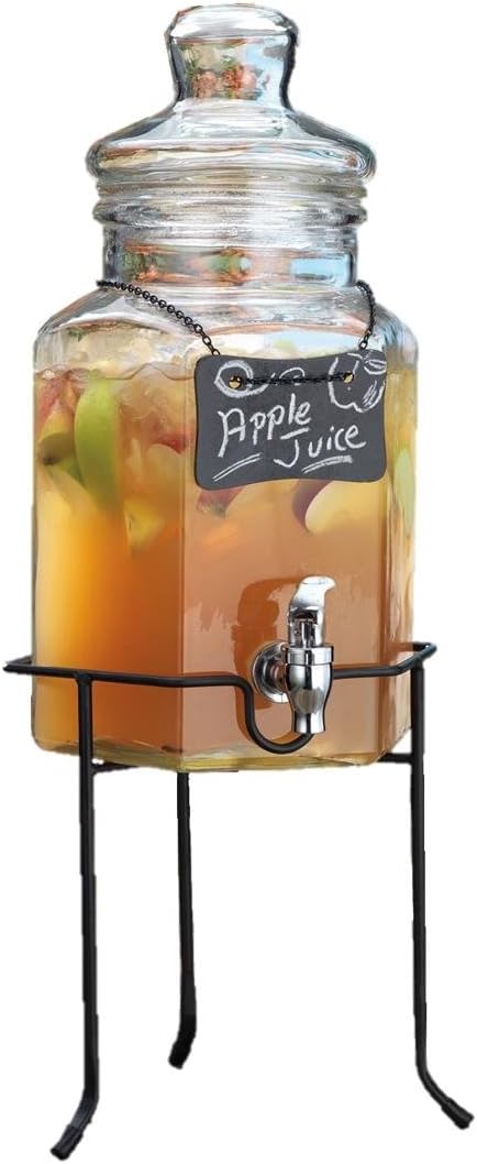 Clear Glass 1.5-gallon Chalkboard Beverage Dispenser with Spigot on Metal Rack, Juice Holder Jug Party Centerpiece