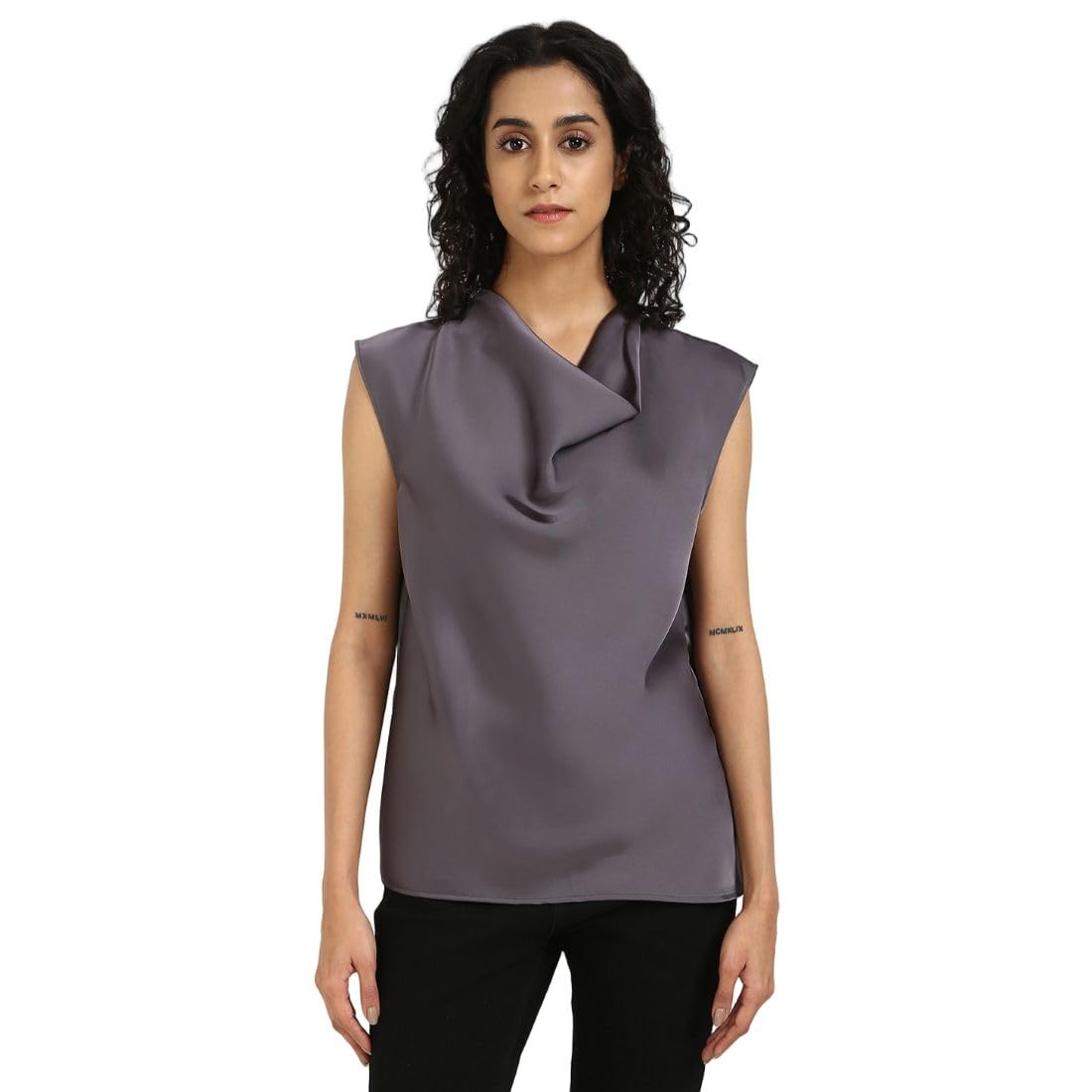 Calvin Klein Women's Satin Cowl Neck Blouse Satin Blouse with Cowl Neck, Gray, S