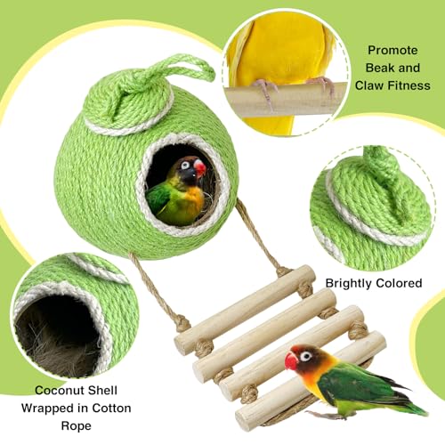 Image of Tfwadmx Coconut Hide with Ladder, Natural Coconut Fiber Hanging Birdhouse Cage, Handmade Sisal Rope & Coconut Bird Shell Breeding Nest for Parrot Parakeet Lovebird Finch Canary (2 Pcs Green)
