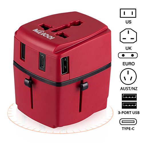 Adaptateur Voyage MILOOL avec 3 USB et 1 Type-c Port Adaptateur Universelle pour UK/EU/US/Adaptateur Prise Tout-en-Un Multi-Prise Forme de la Maison (Red)