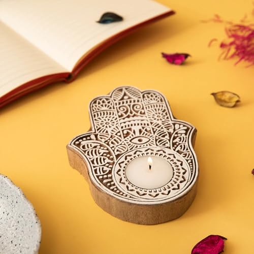 Image of Ascension 2 Wooden Hand Shaped Tea Light Candle Holder Stand Handmade Wooden Block Print Tlight for Diwali Decoration Mandala Stamp Printing Candle Tlight Set Stand for Indoor Decor (Hand Shaped)