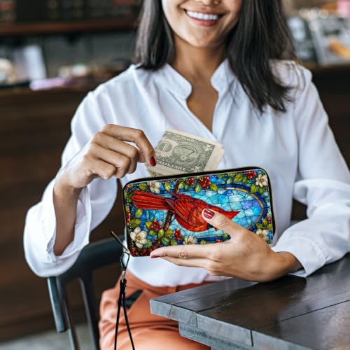 Image of Women's Wallets Credit Card Holder Money Leather Long Wallet | Long wallet with Wristlet,Large Capacity with Zip-Around Phone Purse for Women Ladies Girls,Red Hummingbird