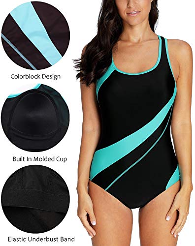ATTRACO Women's Athletic One Piece Swimsuits Colorblock Sports Swimwear Qqua XL